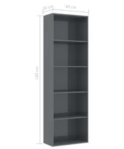 vidaXL 5-Tier Book Cabinet High Gloss Grey 60x30x189 cm Chipboard