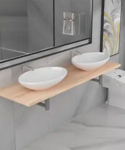 vidaXL Three Piece Bathroom Furniture Set Ceramic Oak