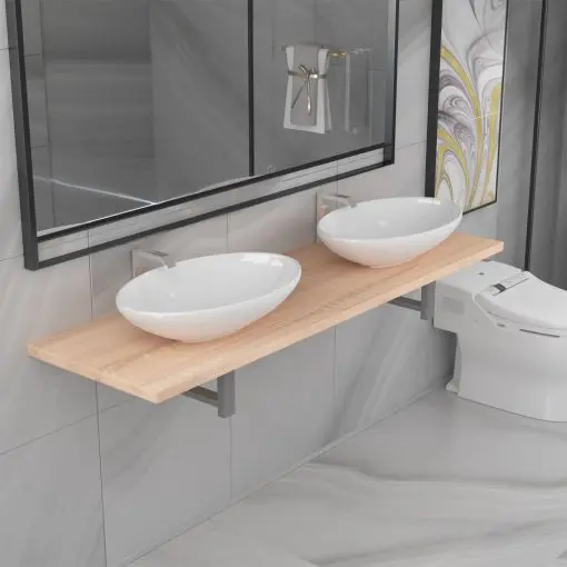 vidaXL Three Piece Bathroom Furniture Set Ceramic Oak