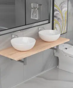vidaXL Three Piece Bathroom Furniture Set Ceramic Oak