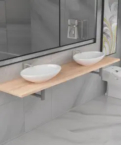 vidaXL Three Piece Bathroom Furniture Set Ceramic Oak