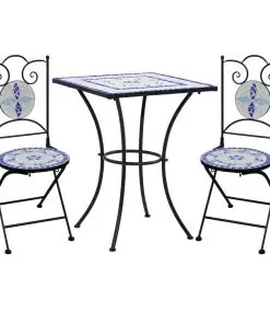 vidaXL 3 Piece Mosaic Bistro Set Ceramic Tile Blue and White