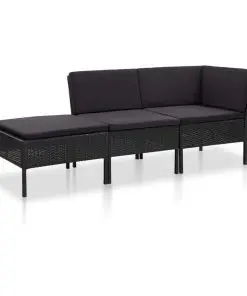 vidaXL 3 Piece Garden Lounge Set with Cushions Poly Rattan Black