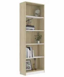 vidaXL 5-Tier Book Cabinet White and Sonoma Oak 60x24x175 cm Chipboard