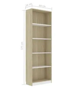 vidaXL 5-Tier Book Cabinet White and Sonoma Oak 60x24x175 cm Chipboard