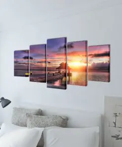Canvas Wall Print Set Beach with Pavilion 200 x 100 cm