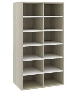 vidaXL Shoe Rack White and Sonoma Oak 54x34x100 cm Chipboard
