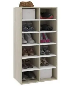 vidaXL Shoe Rack White and Sonoma Oak 54x34x100 cm Chipboard
