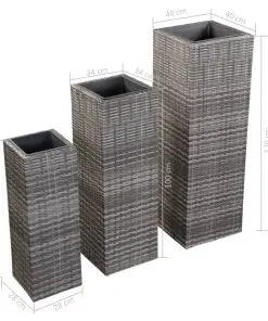 vidaXL Garden Raised Beds 3 pcs Poly Rattan Grey