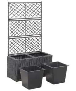vidaXL Trellis Raised Bed with 2 Pots 58x30x107 cm Poly Rattan Black