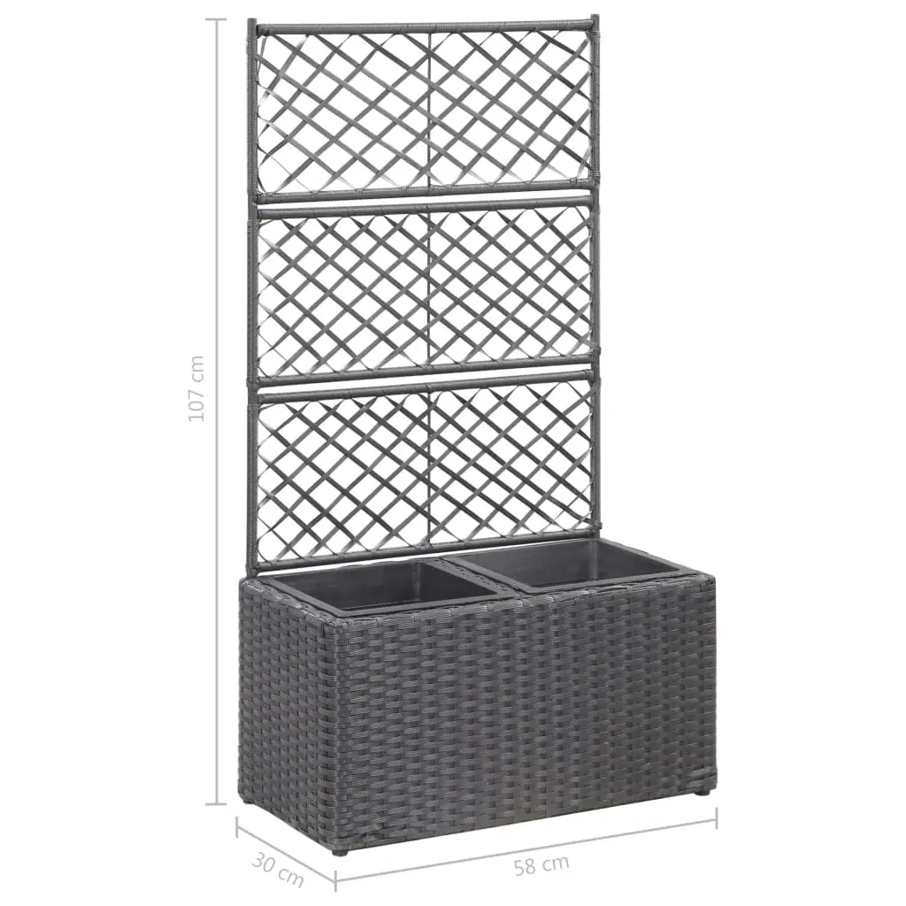 vidaXL Trellis Raised Bed with 2 Pots 58x30x107 cm Poly Rattan Black