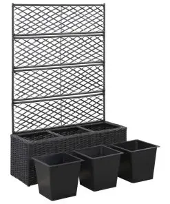 vidaXL Trellis Raised Bed with 3 Pots 83x30x130 cm Poly Rattan Black
