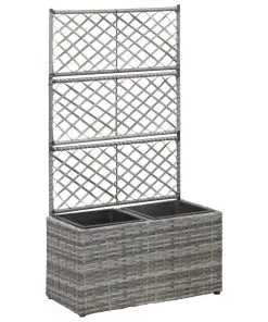 vidaXL Trellis Raised Bed with 2 Pots 58x30x107 cm Poly Rattan Grey