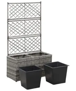 vidaXL Trellis Raised Bed with 2 Pots 58x30x107 cm Poly Rattan Grey