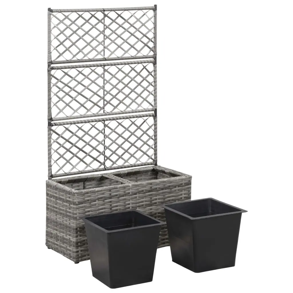 vidaXL Trellis Raised Bed with 2 Pots 58x30x107 cm Poly Rattan Grey
