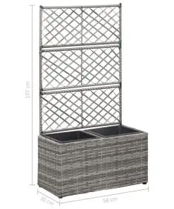 vidaXL Trellis Raised Bed with 2 Pots 58x30x107 cm Poly Rattan Grey