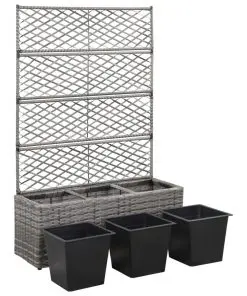 vidaXL Trellis Raised Bed with 3 Pots 83x30x130 cm Poly Rattan Grey