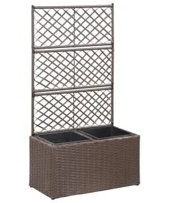 vidaXL Trellis Raised Bed with 2 Pots 58x30x107 cm Poly Rattan Brown
