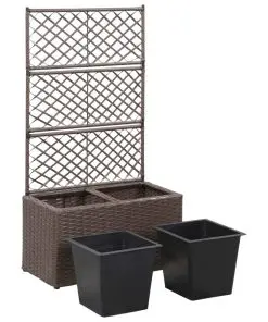 vidaXL Trellis Raised Bed with 2 Pots 58x30x107 cm Poly Rattan Brown