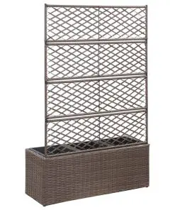 vidaXL Trellis Raised Bed with 3 Pots 83x30x130 cm Poly Rattan Brown