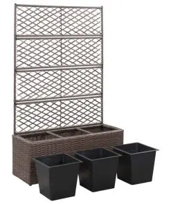 vidaXL Trellis Raised Bed with 3 Pots 83x30x130 cm Poly Rattan Brown