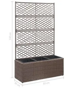 vidaXL Trellis Raised Bed with 3 Pots 83x30x130 cm Poly Rattan Brown