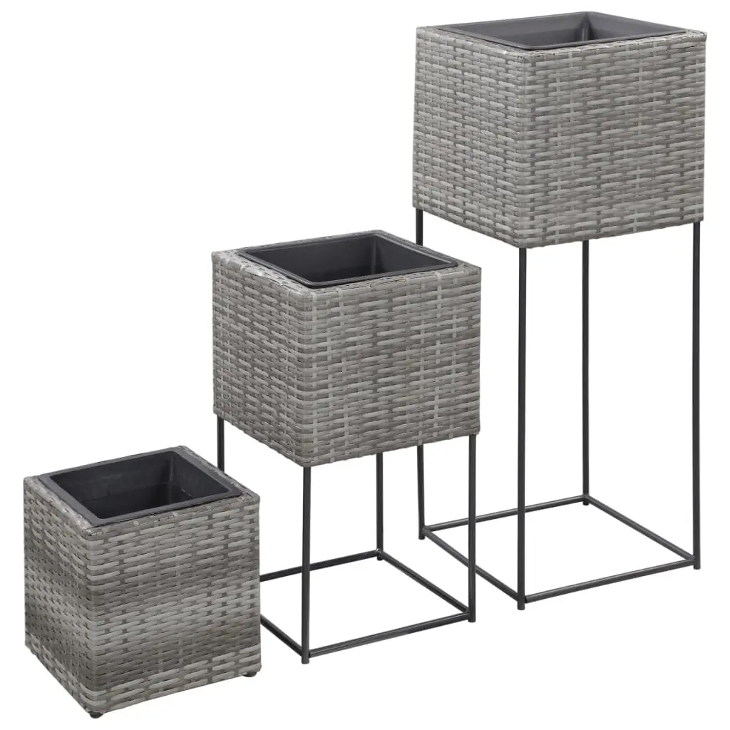 vidaXL Garden Raised Beds 3 pcs Poly Rattan Grey