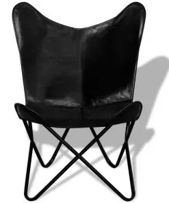 vidaXL Butterfly Chair Black Real Leather