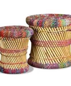 vidaXL Stools with Chindi Details 2 pcs Multicolour Bamboo