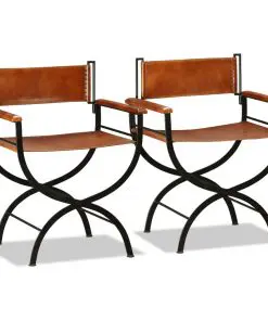 vidaXL Folding Chairs 2 pcs Black and Brown Real Leather