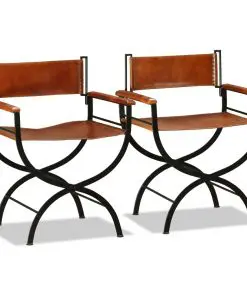 vidaXL Folding Chairs 2 pcs Black and Brown Real Leather