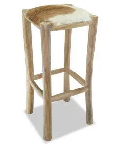vidaXL Bar Stool Real Leather and Solid Teak Wood