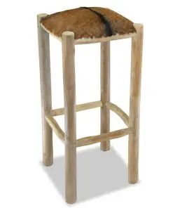 vidaXL Bar Stool Real Leather and Solid Teak Wood