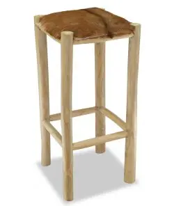 vidaXL Bar Stool Real Leather and Solid Teak Wood