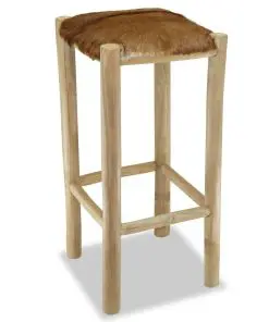 vidaXL Bar Stool Real Leather and Solid Teak Wood