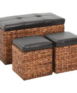 vidaXL Bench with 2 Ottomans Seagrass Brown and Black