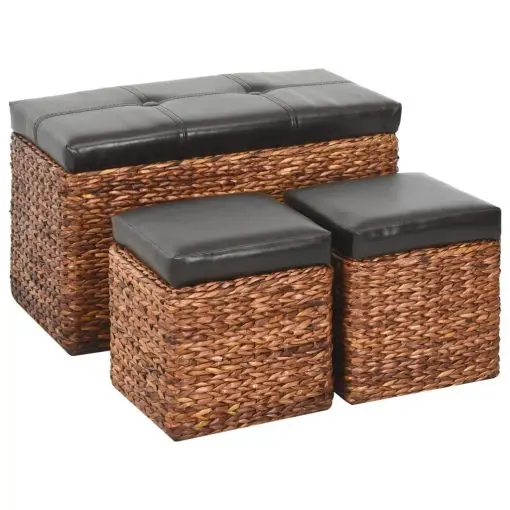 vidaXL Bench with 2 Ottomans Seagrass Brown and Black