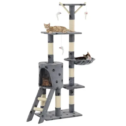 vidaXL Cat Tree with Sisal Scratching Posts 138 cm Grey Paw Prints