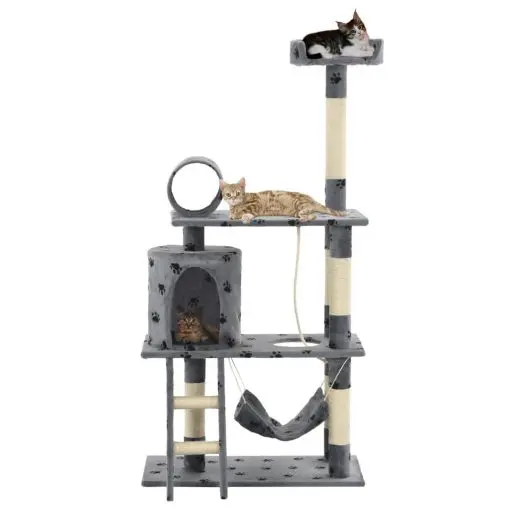 vidaXL Cat Tree with Sisal Scratching Posts 140 cm Grey Paw Prints