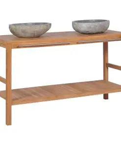 vidaXL Bathroom Vanity Cabinet Solid Teak with Riverstone Sinks