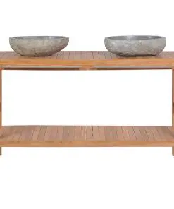 vidaXL Bathroom Vanity Cabinet Solid Teak with Riverstone Sinks