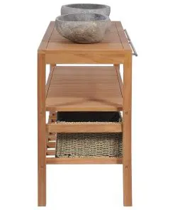 vidaXL Bathroom Vanity Cabinet Solid Teak with Riverstone Sinks