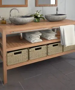 vidaXL Bathroom Vanity Cabinet Solid Teak with Riverstone Sinks
