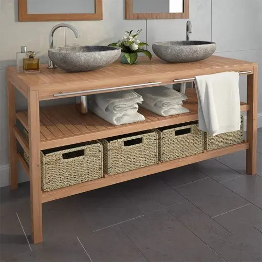 vidaXL Bathroom Vanity Cabinet Solid Teak with Riverstone Sinks