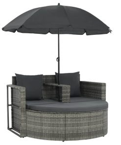 vidaXL 2 Seater Garden Sofa with Cushions and Parasol Grey Poly Rattan