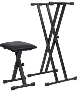 vidaXL Double Braced Keyboard Stand and Stool Set Black