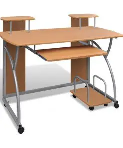 Mobile Computer Desk Pull Out Tray Brown Finish Furniture Office