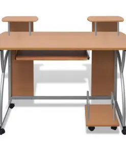 Mobile Computer Desk Pull Out Tray Brown Finish Furniture Office