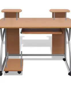 Mobile Computer Desk Pull Out Tray Brown Finish Furniture Office