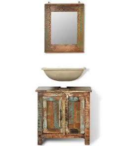 Reclaimed Solid Wood Bathroom Vanity Cabinet Set with Mirror